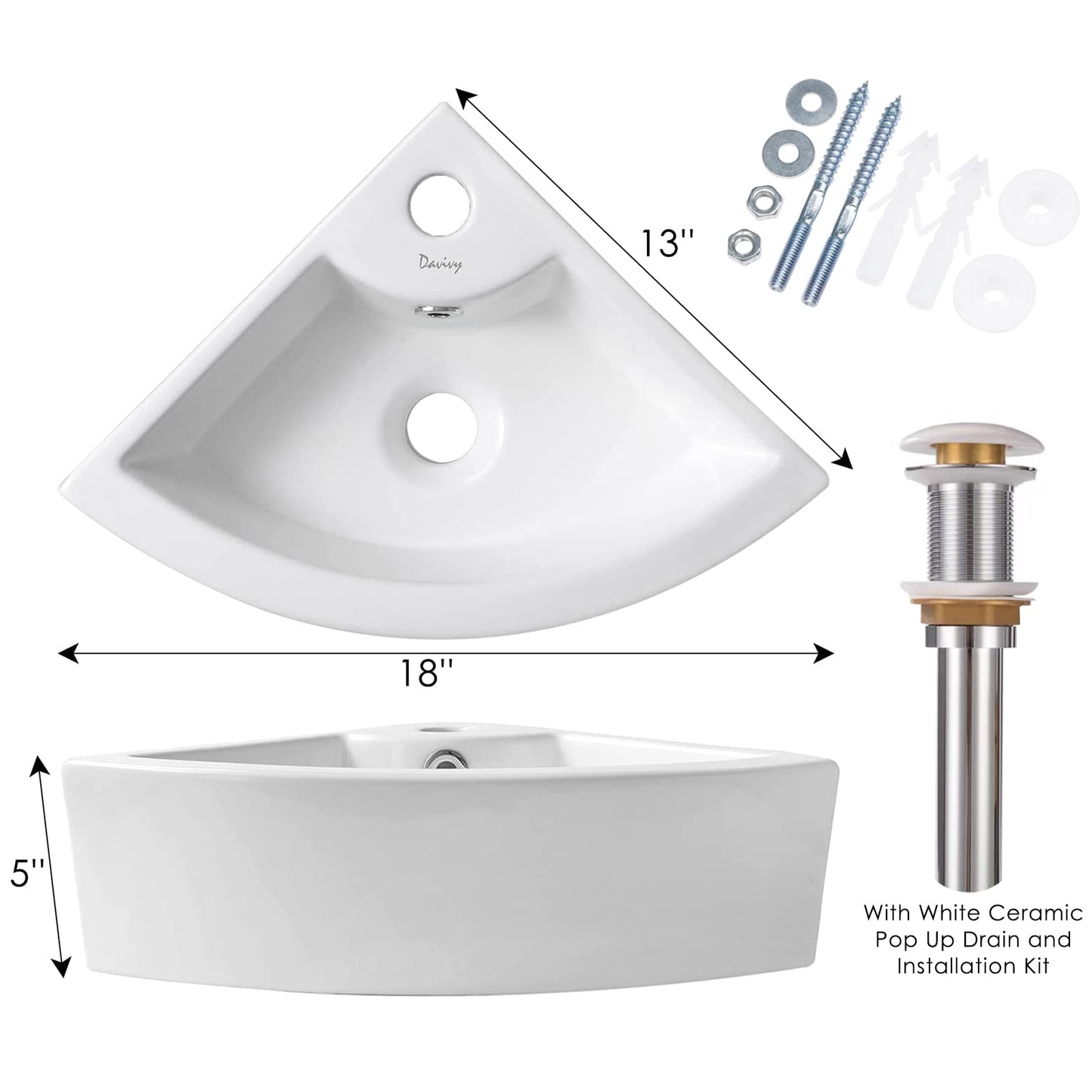 Davivy 18" x 13" Corner Bathroom Sink with Pop Up Drain and Installation Kit,Wall Mount Corner Sink,Ceramic Vessel Sink,Small Corner Sink,White Vessel Sinks,Small Vessel Sink for Bathrooms