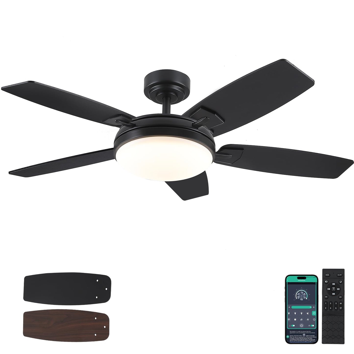 MADSHNE 52 Inch Black Outdoor Ceiling Fan with Light and Remote, Modern LED Ceiling Fan for Bedroom & Kitchen with Dimmable 3 Color,Reversible 6 Speeds