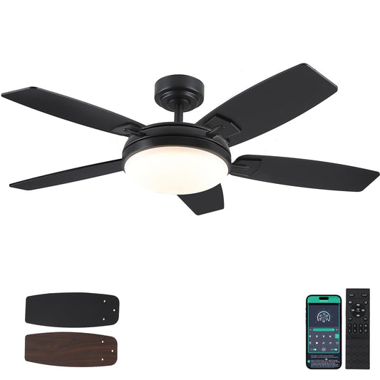 MADSHNE 52 Inch Black Outdoor Ceiling Fan with Light and Remote, Modern LED Ceiling Fan for Bedroom & Kitchen with Dimmable 3 Color,Reversible 6 Speeds