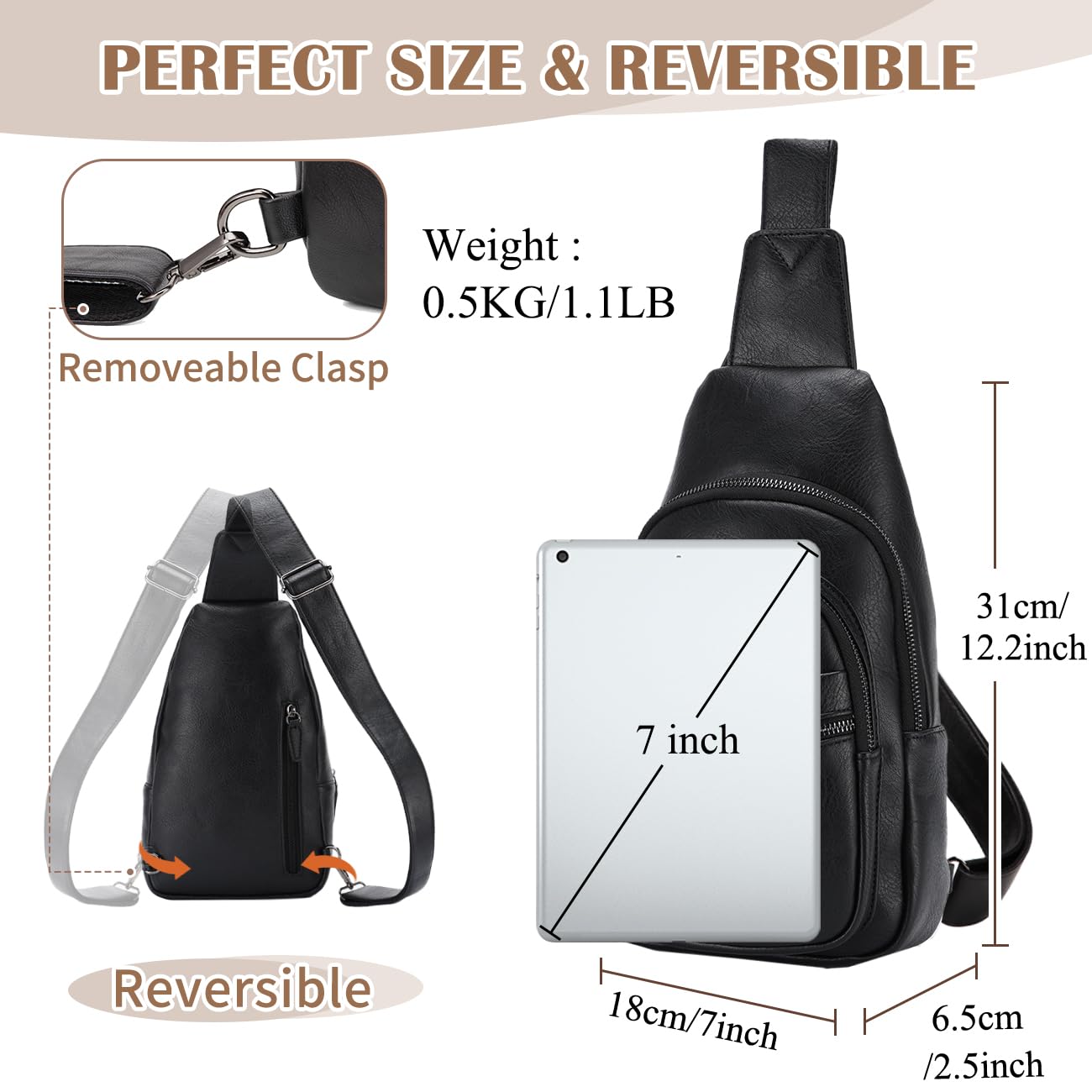 RAVUO Sling Bag, PU Leather Crossbody Backpack for Women Men Casual Hiking Daypack Multipurpose Chest Bag for Work College Black