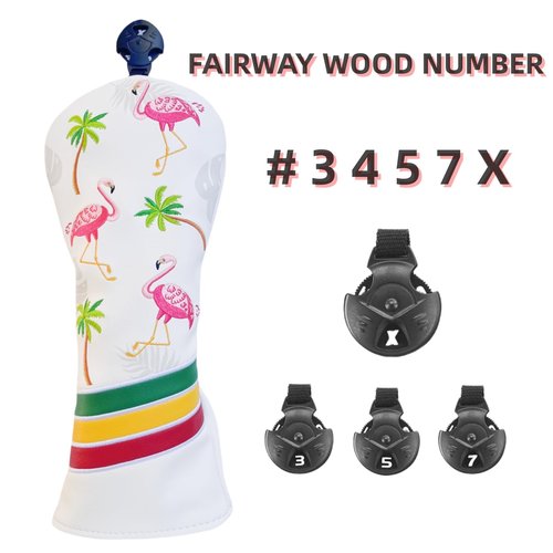 White Driver Headcover Hybrid Headcover Fairway Wood Head Cover, 1pc or Set Golf Club Covers for Men,Flamingo PU Leather Headcovers for Golf Clubs,Golf Headcovers That Fit Most Clubs(Fairway)