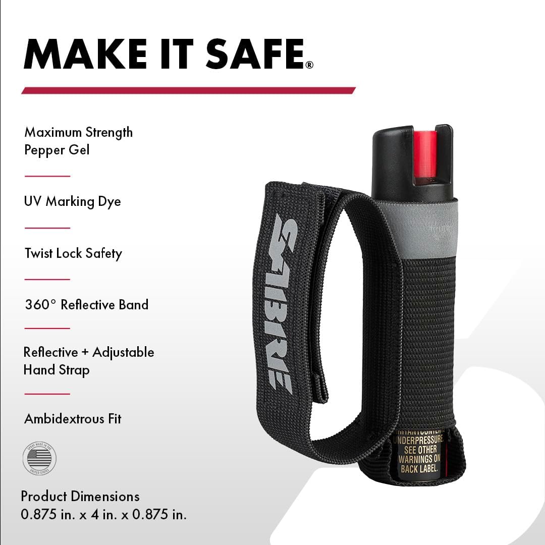 SABRE Runner Pepper Gel - Police Strength OC Spray with 360° Reflective Hand Strap, 0.67 fl oz, 13 Seconds Spray Time