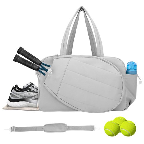 GZSXXTS Tennis Tote Bag with Shoe Compartment - Extra-Large Quilted Pickleball Bag Holds 2-4 Rackets, Water-Resistant & Lightweight for Men & Women (Light Gray)