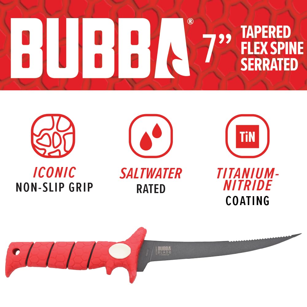 BUBBA Tapered Flex Fillet Knife with Sperrated Spine 7" with Non-Slip Grip, Corrosion-Resistant Stainless Steel for Filleting, Fishing, Outdoors