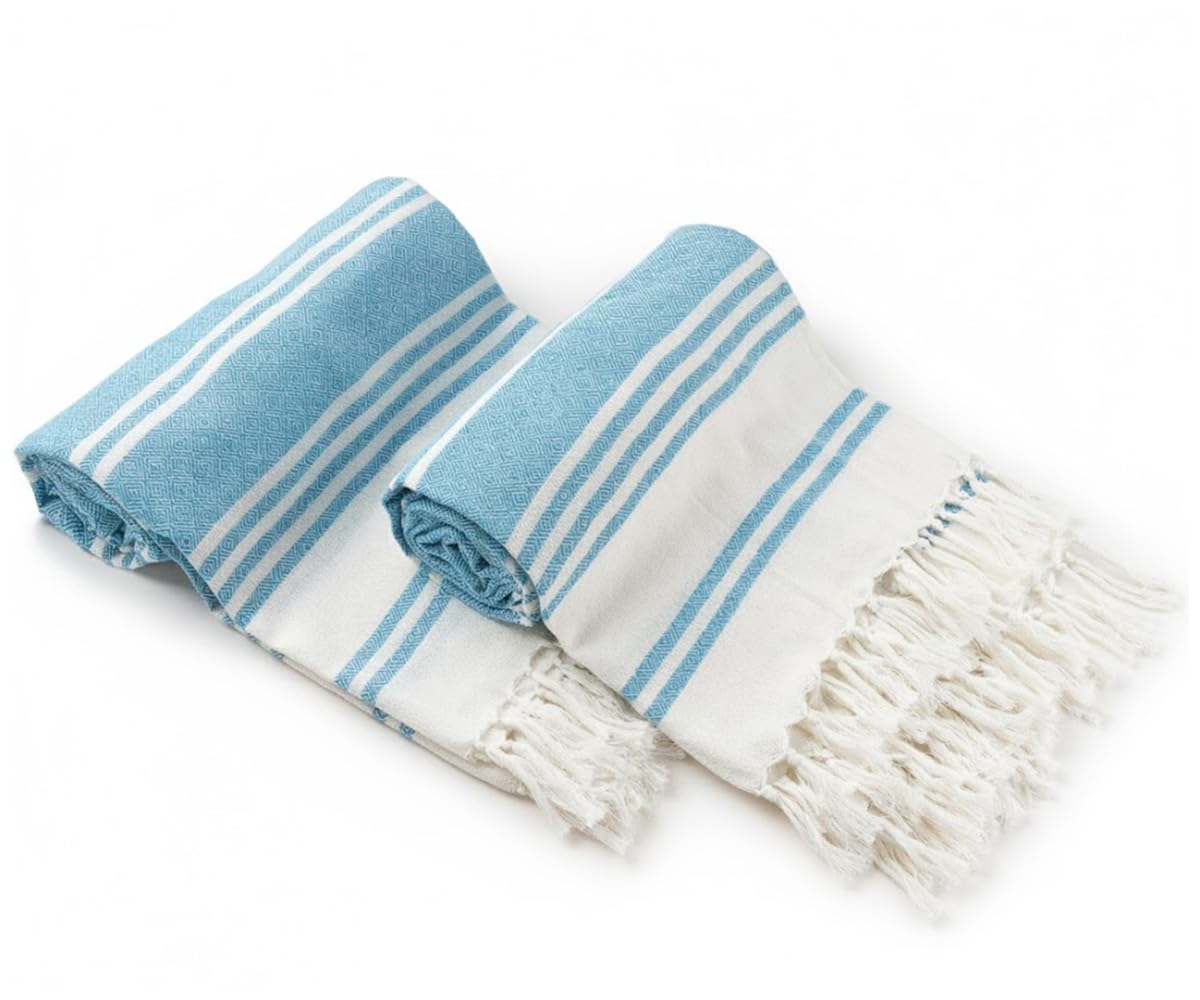 Aqua Beach Towels, 100% Cotton, Set of 2, Turkish Hammam Bath Towel, 36 x 71 Inches, Quick Drying Towels for Travel, Swimming Pool Towels, Striped Oversized Peshtemal Turkish Towel