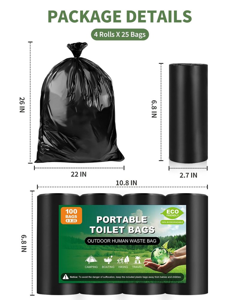 50 Portable Toilet Bags, Thick Biodegradable Camping Toilet Bags for Portable Potty, 8 Gal Compost Toilet Waste Potty Bag for 5 Gallon Bucket Seat Adults Outdoor, 1.1 Mil