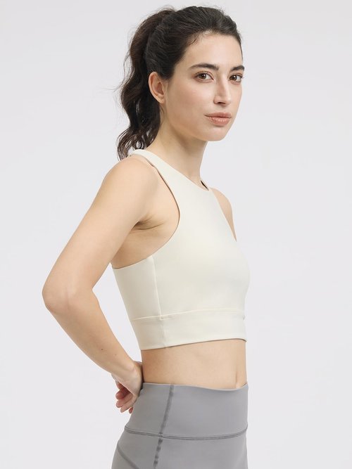 AARYA Women Crisscross Back Sports Bra Soft Breathable Workout Crop Top Low Impact Athletic Bra for Yoga Lounge & Daily Wear(Beige,Medium)