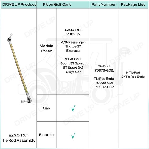 DRIVE UP Golf Cart Tie Rod Assembly Fits for EZGO TXT 2001-Up Gas and Electric Golf Carts, EZGO TXT Tie Rod and Tie Rod Ends Durable Aluminum Alloy, OEM 70876-G02 70902-G01 70902-G02