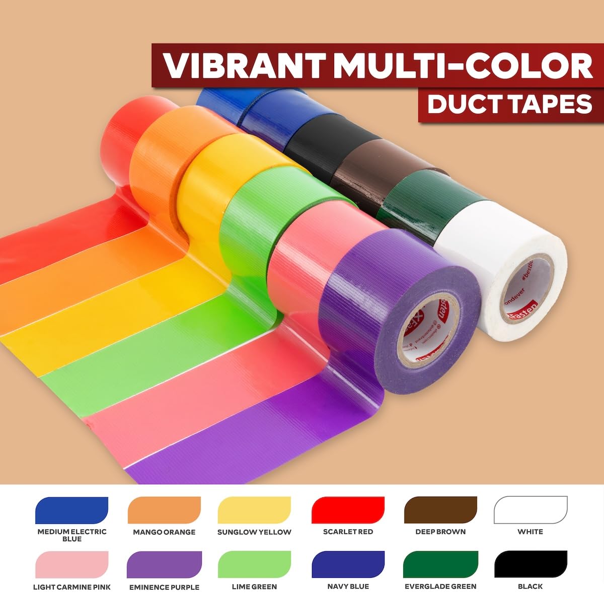 XFasten Rainbow Colored Duct Tape Heavy Duty 12-Pack 10 Yards x 2 Inch, Colored Duct Tape Variety Pack Bulk, Waterproof, Vibrant Colors, Easy Tear, Writable, Residue-free for Crafts, Labeling, Packing