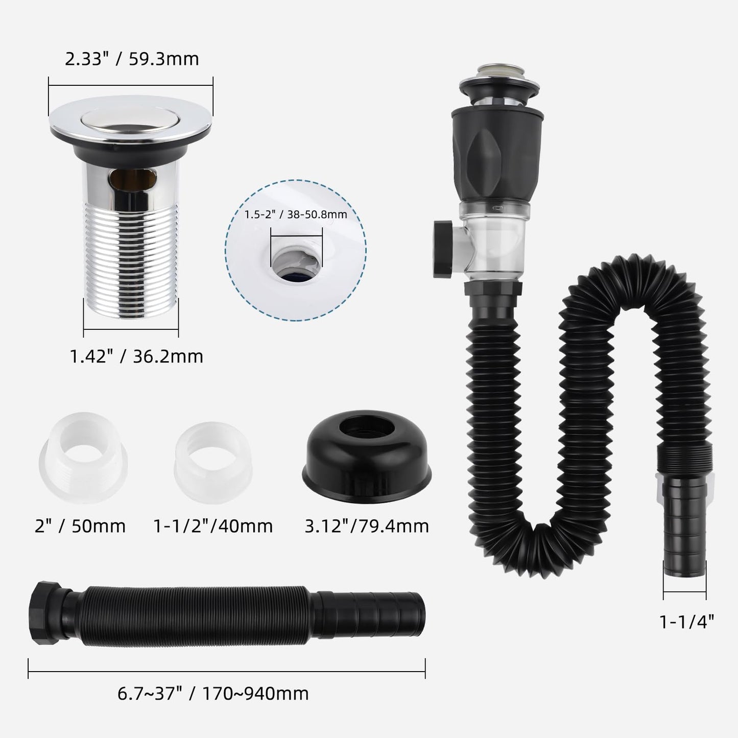 iFealClear Bathroom Sink Drain Kit, Flexible P-Trap Drain Pipe with Pop Up Stopper, Expandable Bathroom Sink Pipe Replacement with 2 Adapters, Fits 1-1/4'', 1-1/2'', 2" Holes, Hair Catcher, Chrome