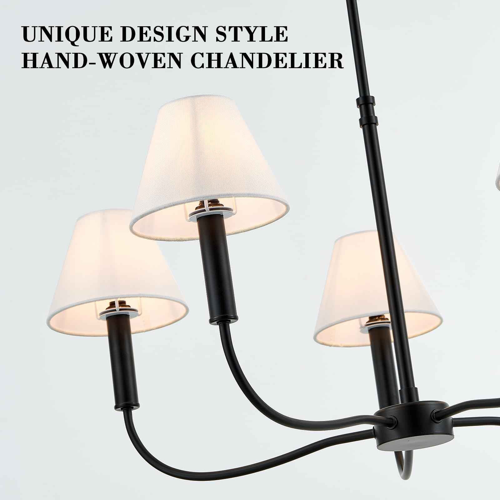 Black Farmhouse Chandeliers with White Fabric Shades, 5-Light Modern Chandelier for Dining Room Light Fixture 30’’ Large Linear Pendant Light Fixture for Kitchen Bedroom Living Room,UL Listed