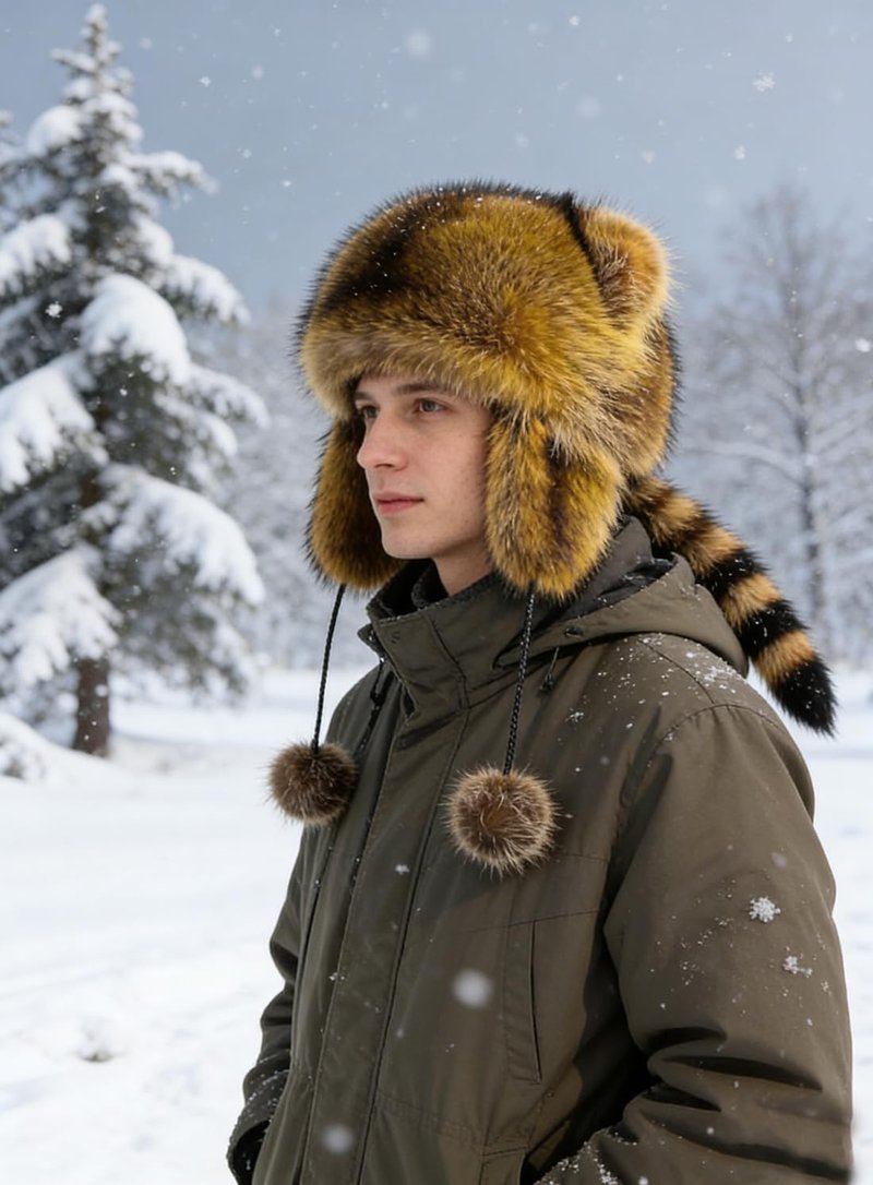 Raccoon Tail Parent-Child Plush Earflap Hat Faux Fur Animall Hat Ladies Russian Ushanka Winter Warm Cap Cute Pompoms Beanies Cap for Adult Kid Halloween Xmas Birthday