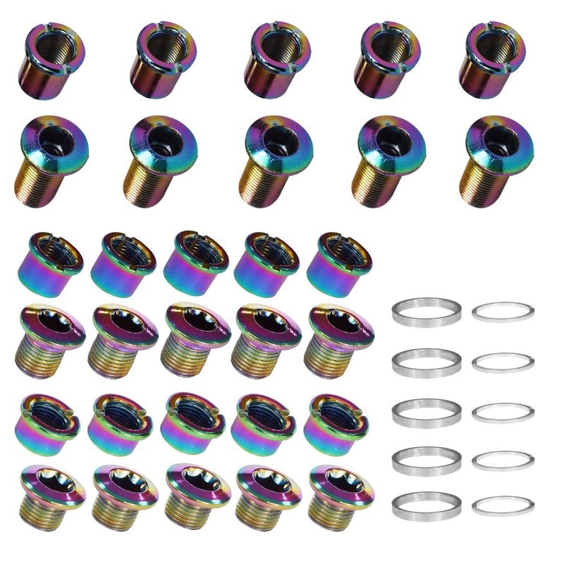 Xmomx 5 pcs for Each Colorful Single/Double/Triple Chainring Bolts Screws Disc Crankset Nuts Chainwheel Colorful + 10 pcs Silver Washers Fit for Road Bike Mountain Bike MTB (25 pcs)