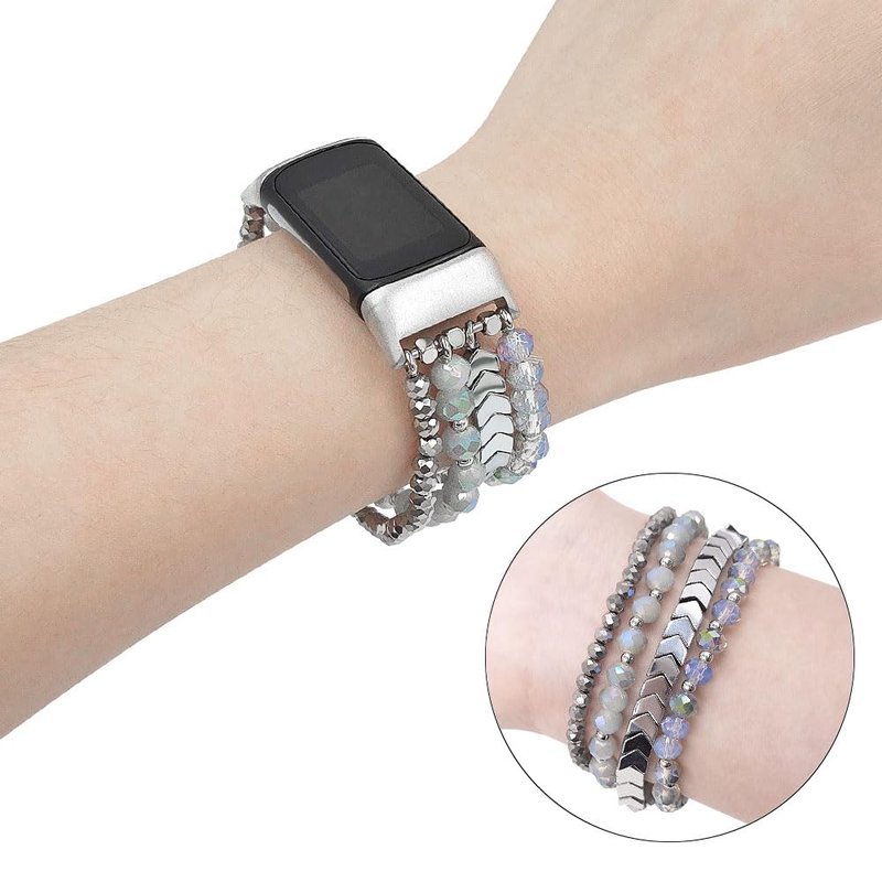 WONMILLE Beaded Bracelet Compatible with Fitbit Charge 6 Bands/Fitbit Charge 5 Bands Women, Elastic Stretch Bracelets Jewelry Strap Replacement for Charge 6/Charge 5 Fitness Tracker (Blue/Silver,S)