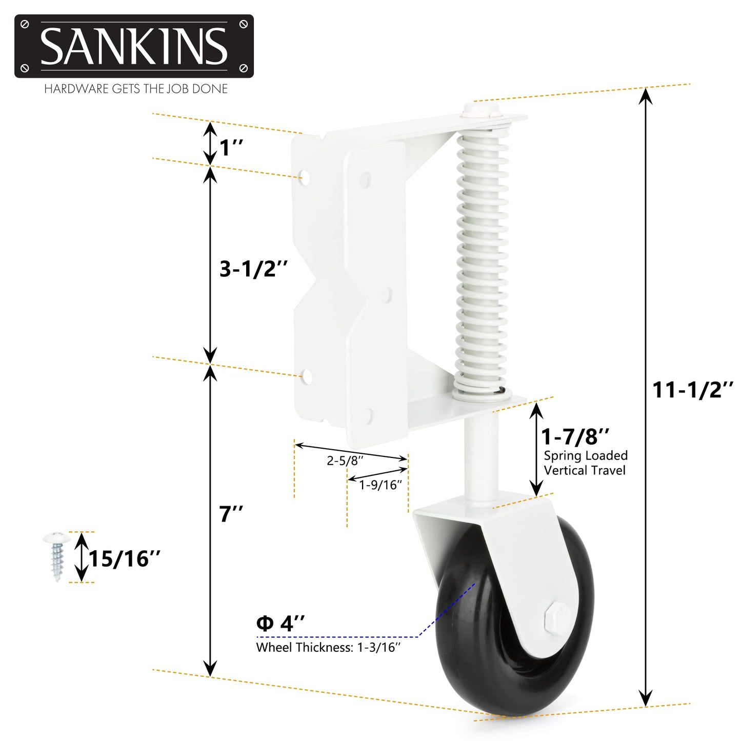 SANKINS Spring Loaded Gate Caster for Wooden Gate PVC Fence, Heavy Duty Gate Wheel Caster with 360 Degree Universal Mount Plate for Metal gate, Yard Fence, 4-Inch, 220 Lbs Capacity, White