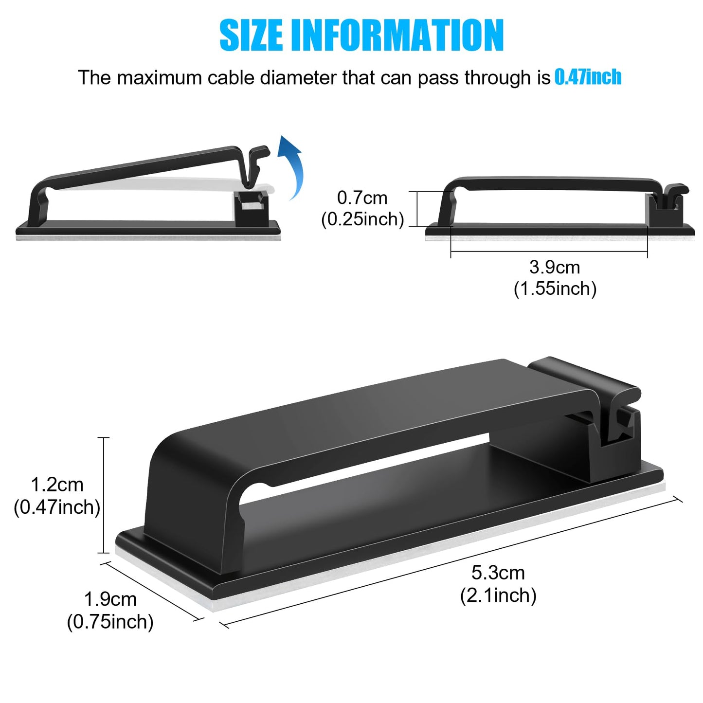 XHF 50 PCS Self Adhesive Cable Clips(L) Black,Wire Clips Cable Management Wire Organizer Cord Holder for Under Desk, Car, Wall, TV PC Ethernet Cable