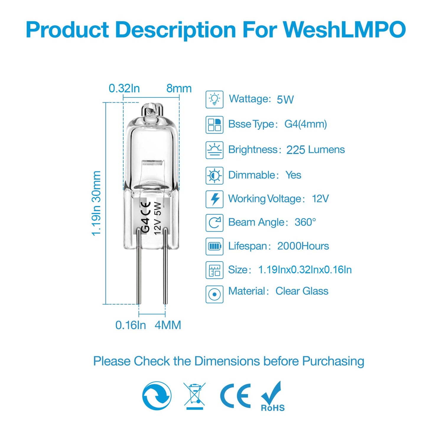 WeshLMPO G4 Bulb 5W Halogen Light Bulb 2 Pin 12V G4 Light Bulbs Replacement for Under Cabinet Puck Light, Chandeliers, Landscape Lighting Desk Lamp 2700K Warm White