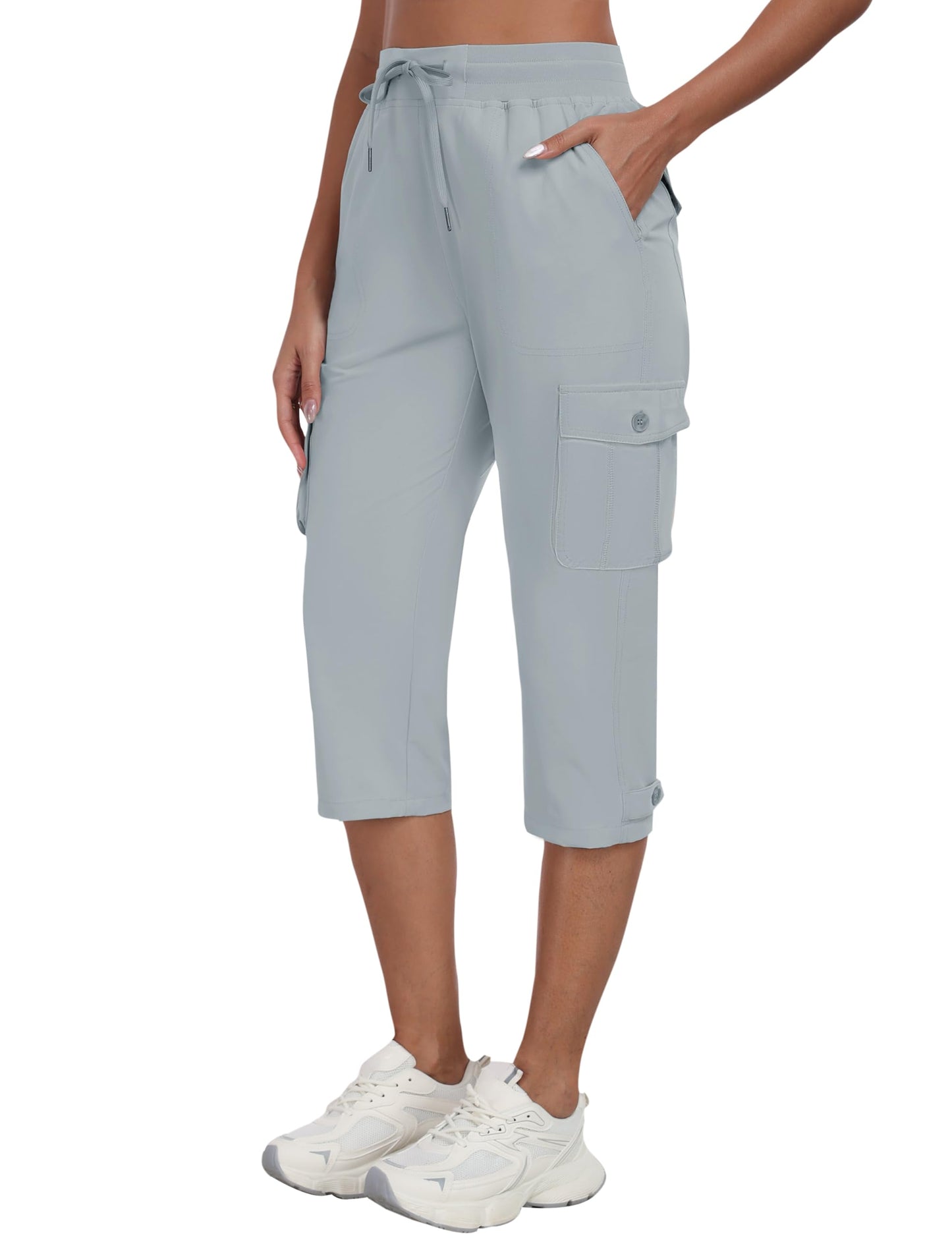 MoFiz Cargo Capris for Women Lightweight Hiking Pants Stretch Elastic Waist Capri with Pockets for Summer Travel Gray XL