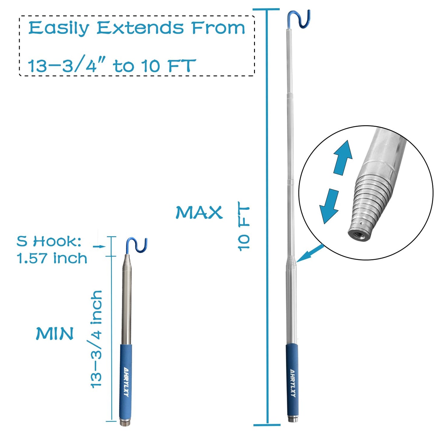 AHRYLXY Telescoping Pickup Tool Magnetic Pole with 3 Hooks, 10 FT Telescopic Push Pull Rod Wire Reacher Grabber Disc Golf Retriever, Disc Golf Accessories
