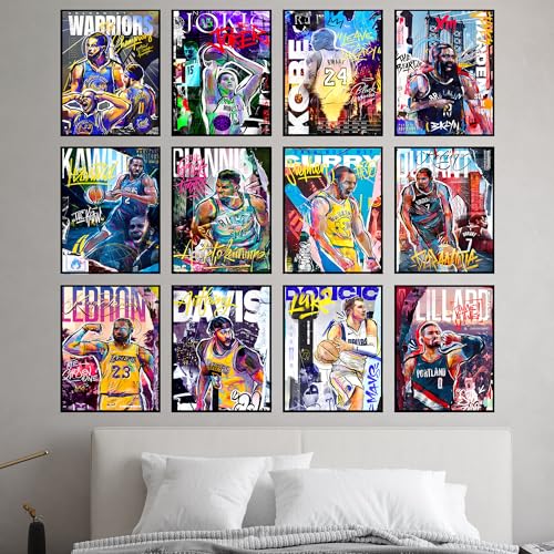 Basketball Posters Set of 12 for Boys Bedroom - Unframed, 8x10 in, Includes Curry, Kobe, LeBron & Warriors - Basketball 2