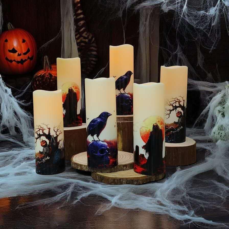Halloween LED Flameless Candles, Gothic Design, Set of 6, 6x3 / 2.15 inch, Remote Control with Timer, Battery Operated (6, D 2.15 ")