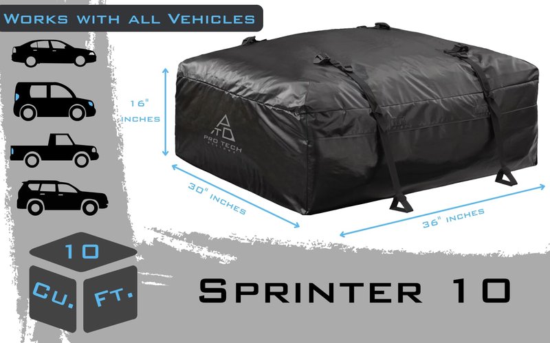Sprint - 10 Cubic Feet Weatherproof Rooftop Cargo Carrier for Top of Vehicle, Attaches with or Without Roof Rack