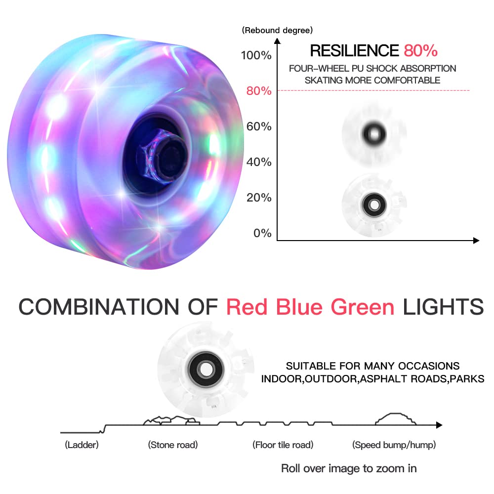Rolitwils 8 Pack 78A Light up Roller Skate Wheels 32 * 58/36 * 65mm,Skate Wheels with Bearings Installed for Indoor or Outdoor Double Row Skating and Skateboard Accessories