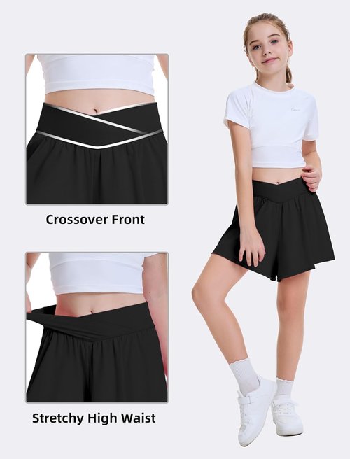 FireSwan Girls Butterfly Shorts - 2 in 1 Crossover Athletic Skorts with Pockets for Teens & Youth