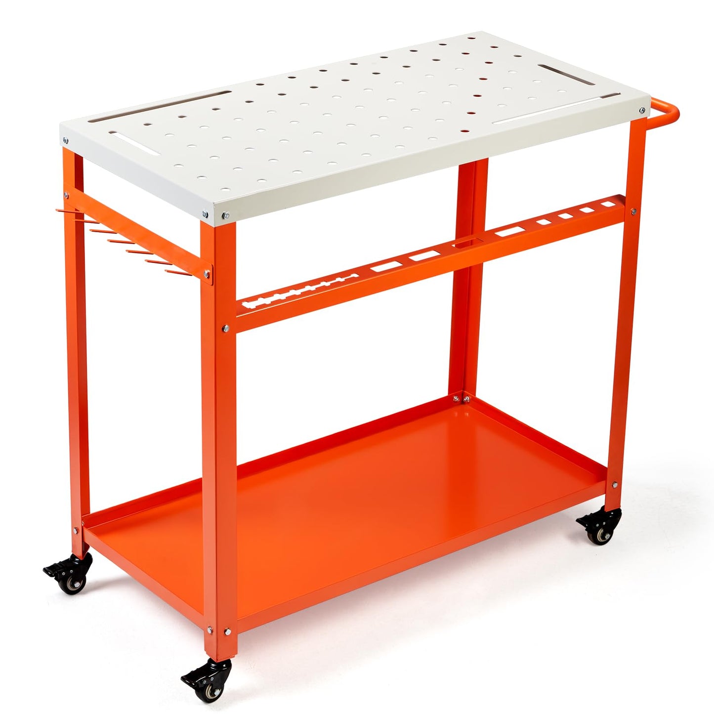 GVGBUK Movable Workbench Table,35.8“x 18.1”Welding Table,1200LBS Static Weight Capacity,Sawhorse Tool Slots and Fixture Holes（5/8-inch Fixture Holes）,4 Wheels (4 with Brake)