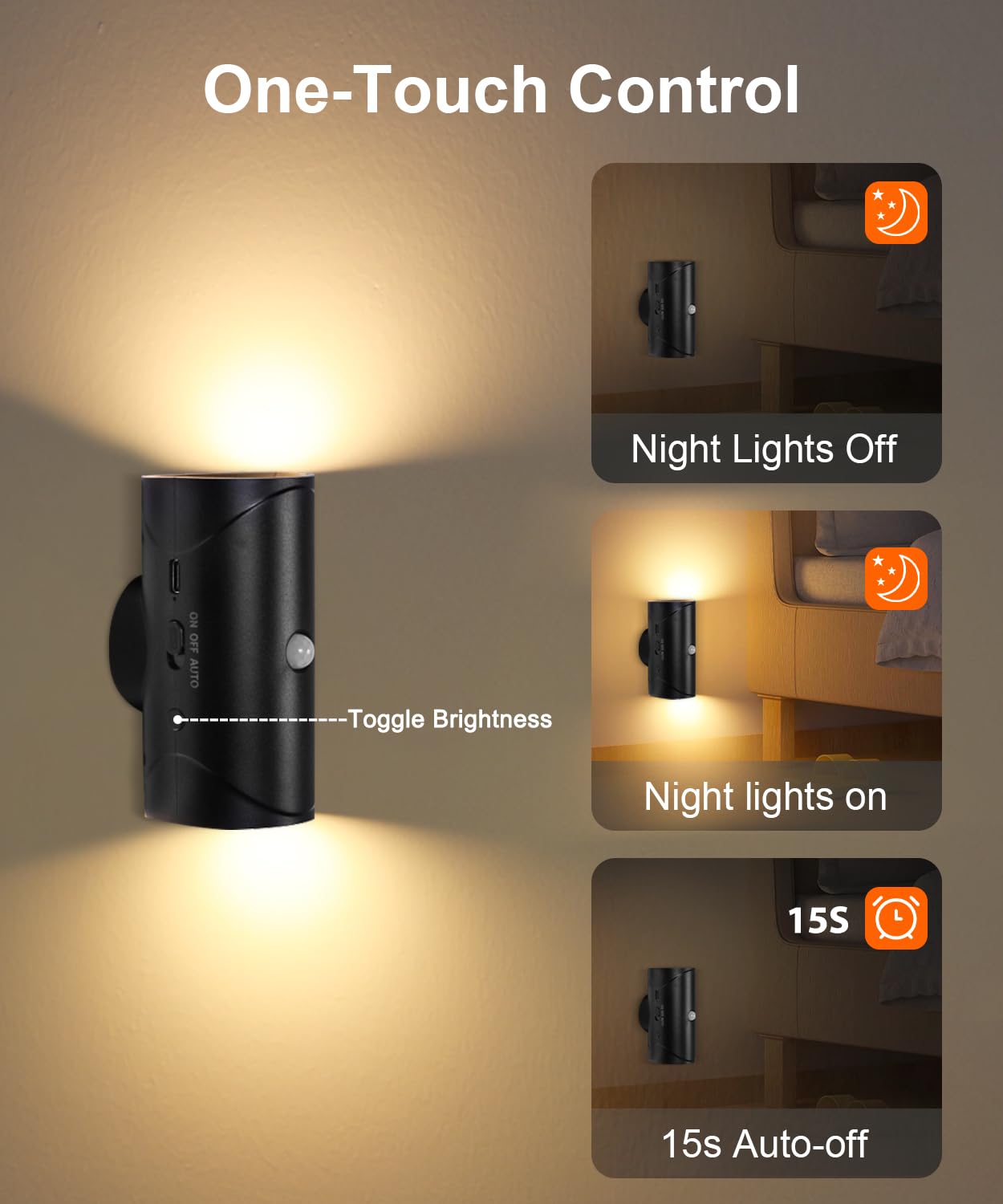 MuliVid 2 Pack LED Night Light,Rechargeable Battery Night Light,Magnetic Stick On Motion Sensor Light 3 Brightness Adjustment Modes for Bedroom, Stairway,Hallway,Bathroom(Black)