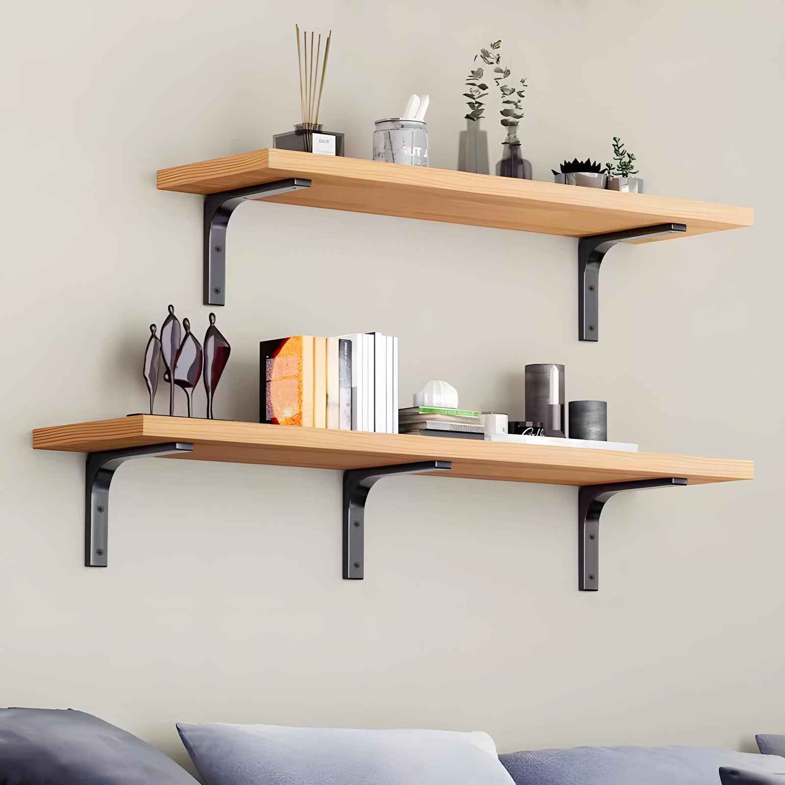 AISINYI 10" x 8" Metal Shelf Brackets, Heavy Duty L Hanging Angle Brackets, Iron Wall Bracket for Countertop Support, Corner Brace Joint, Black, 4 PCS