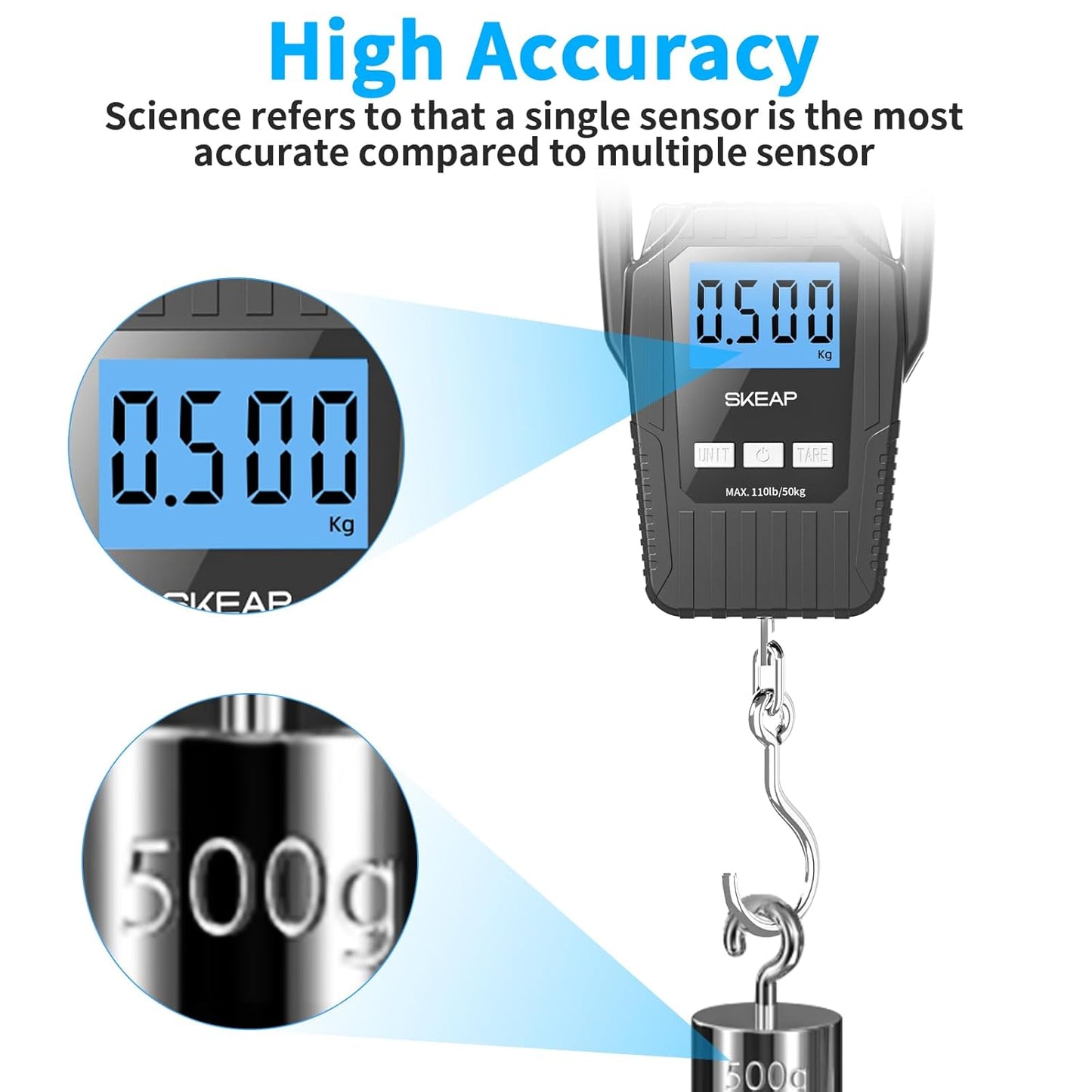 SKEAP Digital Fish Scale - 110lb/50kg Capacity with Backlit LCD Display & Large Handle | Black