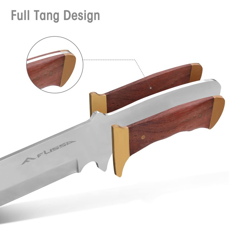 FLISSA 14-inch Bowie Full-tang Fixed Blade Knife with Wood Handle, Hunting Knife with Leather Sheath for Outdoor Survival, Camping, Hiking