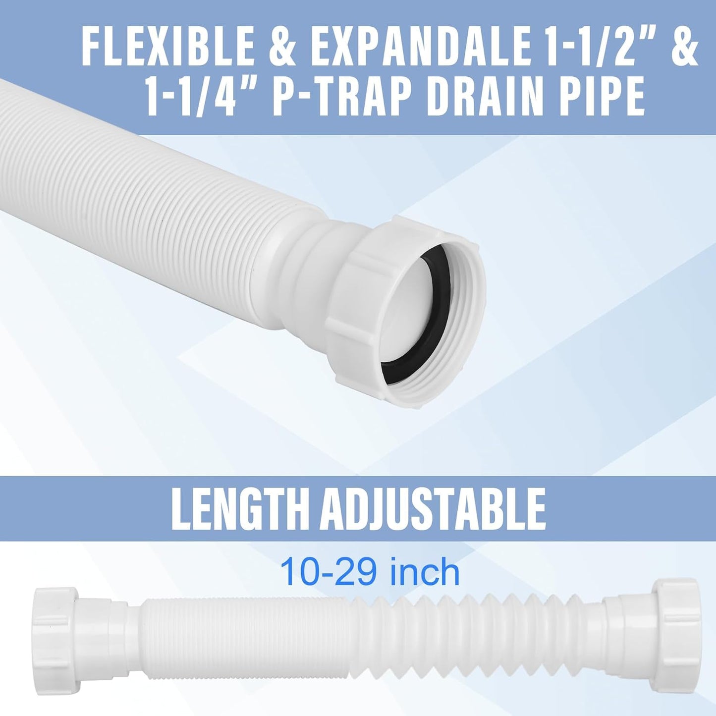 Cunsen 1-1/2" Sink Drain Pipe Kit, Flexible Sink Drain Pipe P-Trap, 10"-29" Flexible Sink Drain P-Trap for Bathroom Sink and Kitchen Sink, 1-1/4" Adapter Included (White)