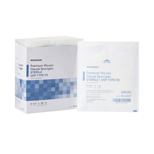 McKesson Premium Woven Gauze Sponges, Sterile, 12-Ply, USP Type VII, 100% Cotton, 4 in x 4 in, 1 per Pack, 50 Packs