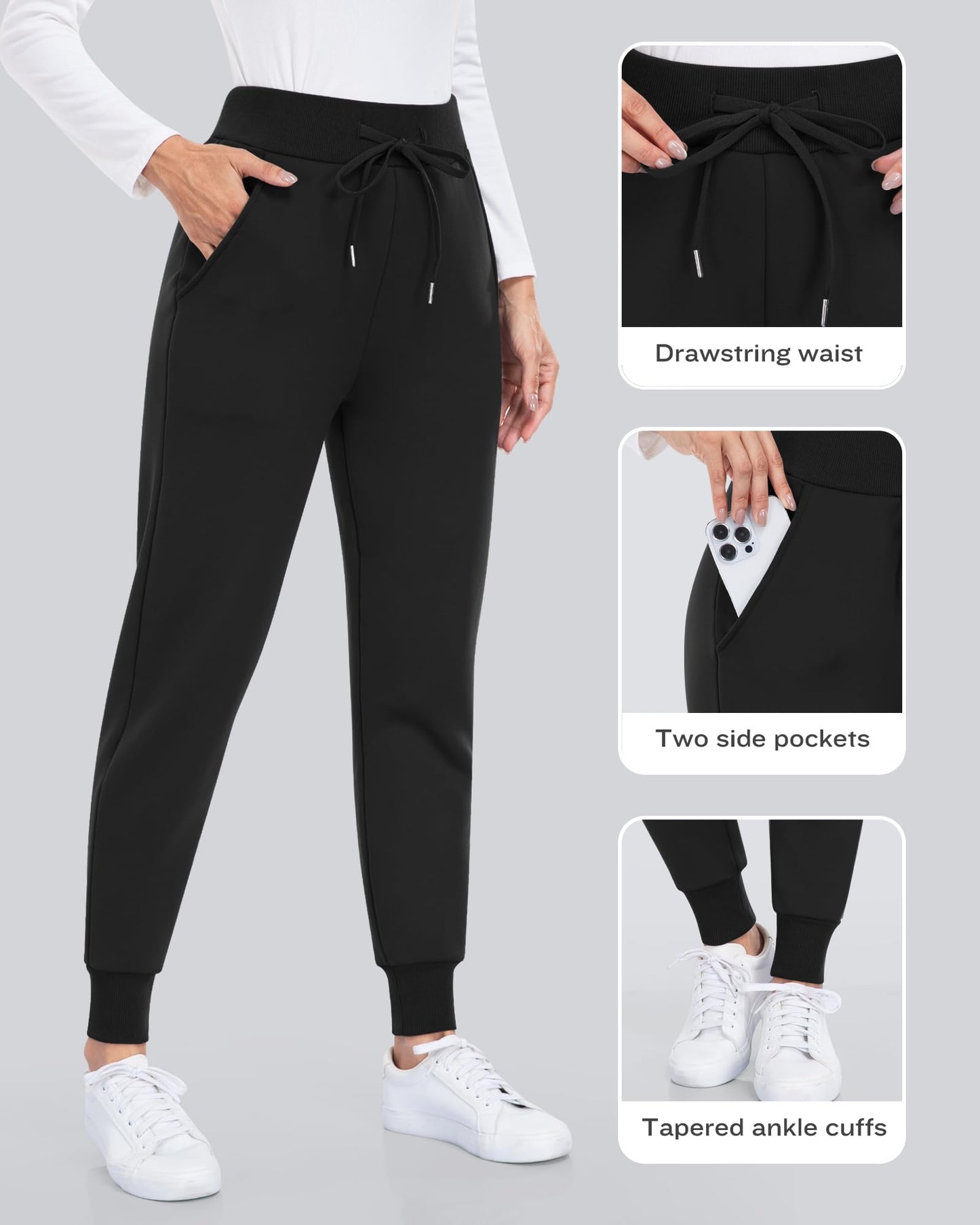CHRLEISURE Fleece Lined Pants Women - Thermal Winter Warm Cold Weather Athletic Jogger Sweatpants with Pockets(Black,XL)