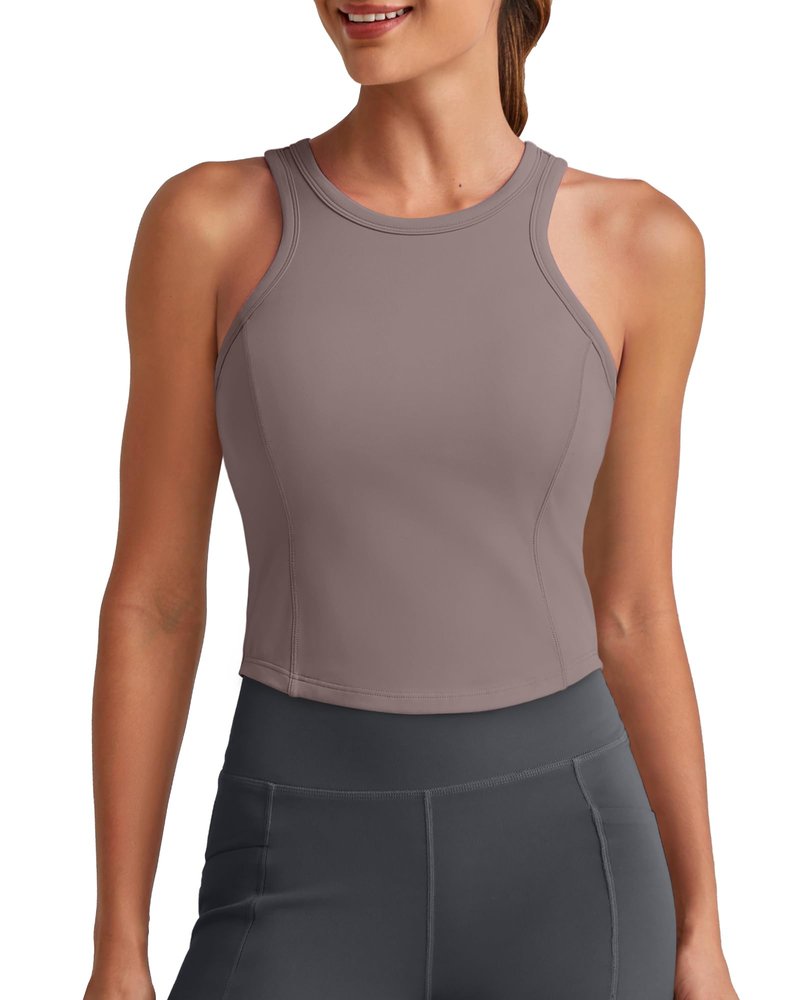 G4Free Yoga Tank Tops for Women with Built in Bras Racerback Longline Sports Bra Removable Pads Summer Clothes for Workout Running (Taupe,XL)