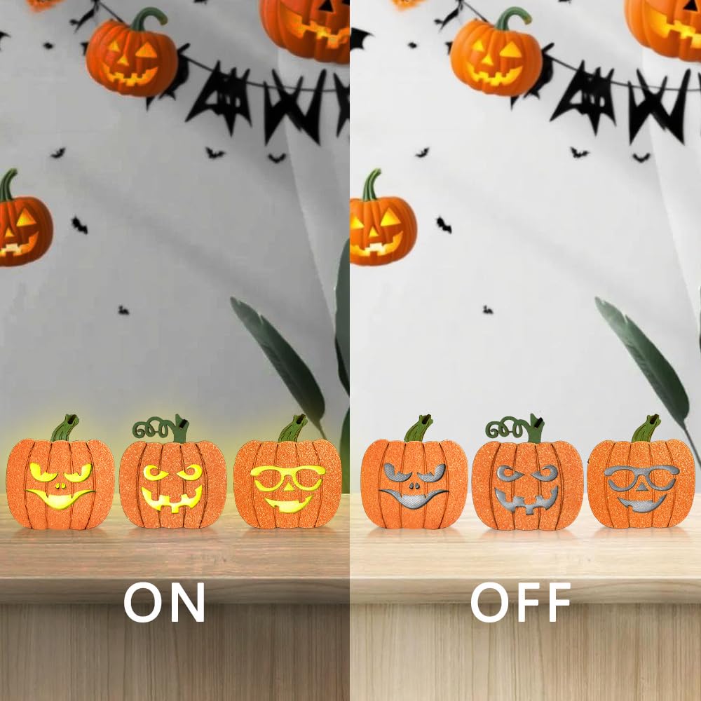 Schreckify Halloween Decorations Indoor 3PCS,Light Up Pumpkin Halloween Wooden Table Centerpieces Sign for Mantel Office Tabletop Tiered Tray
