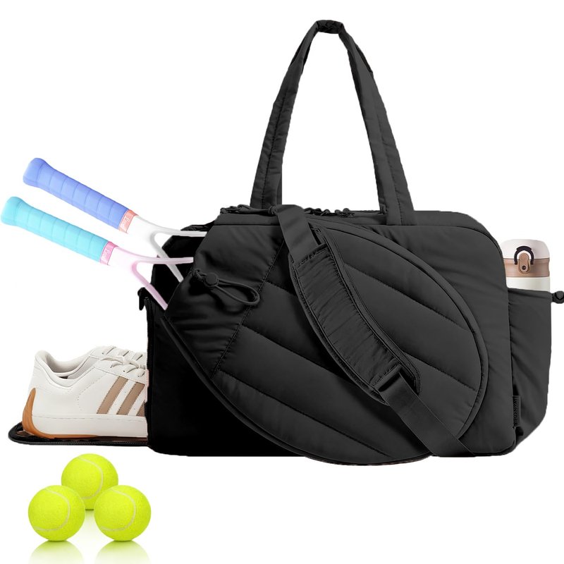 Tennis Tote Bag for Women – Waterproof Lightweight Travel Gym Bag with Shoulder Strap, Holds 2 Rackets, Pickleball & Badminton Bag with Shoe Compartment, Wet/Dry Separation, Fits 15.6" Laptop, Black