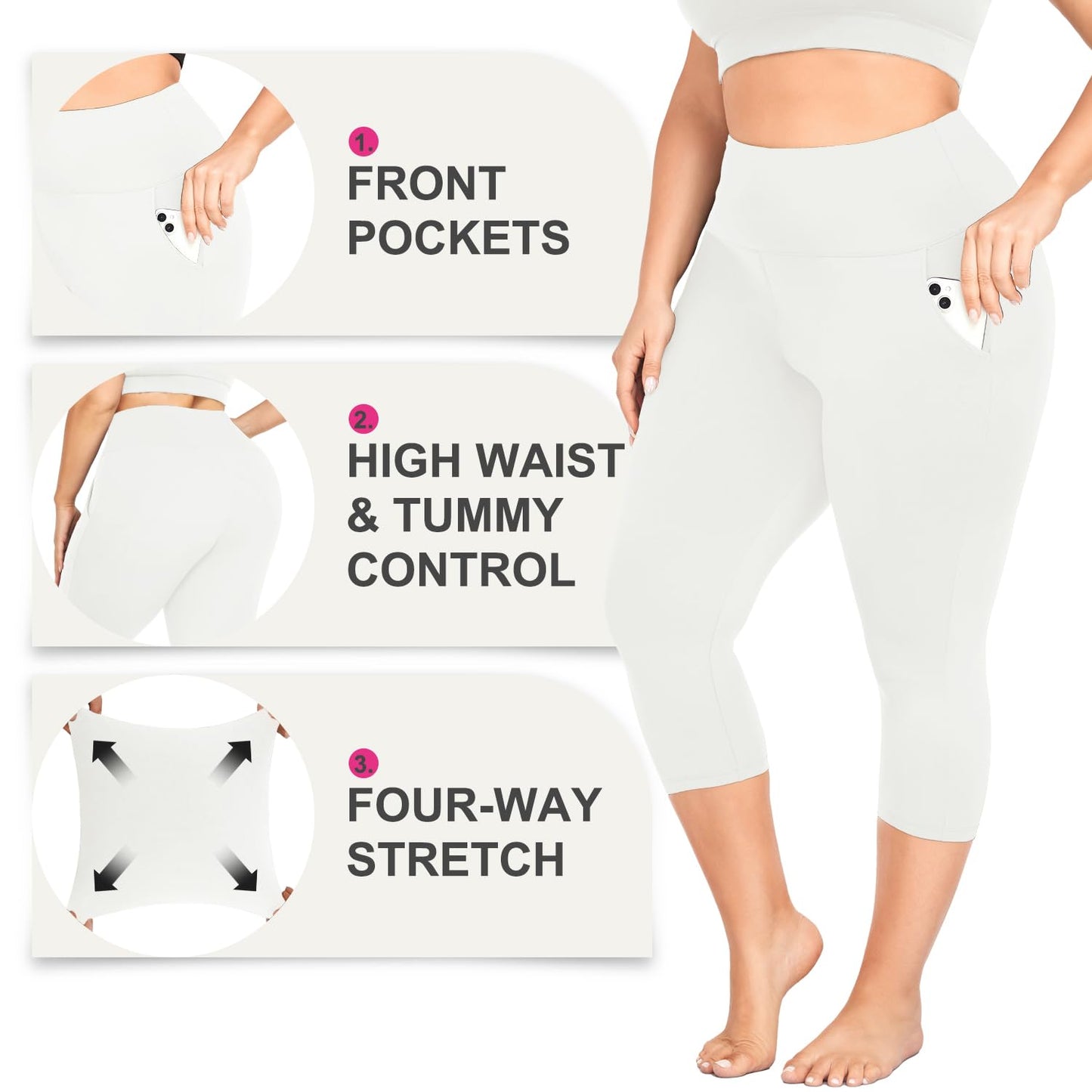 MOREFEEL Capri Plus Size Leggings for Women with Pockets-Stretchy XL-4XL Tummy Control High Waist Workout White Yoga Pants