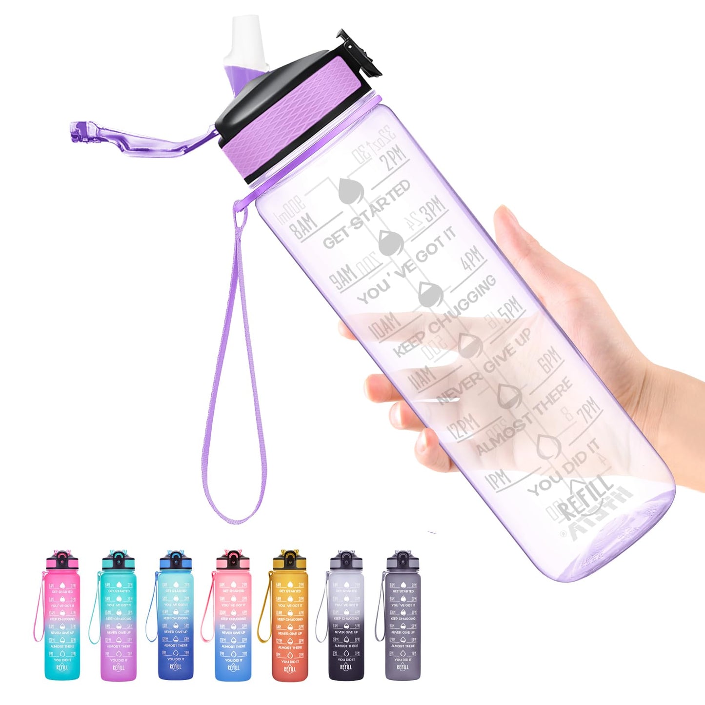 Hyeta Clear Water Bottle with Straw & Time Marker, Plastic 32oz Leakproof