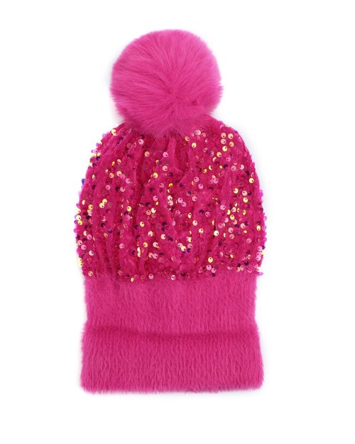 Caviotess Sparkly Sequins Beanies for Women Girls Warm Velvet Winter Hat Knit Skull Cap with Faux Fur Pom Pom