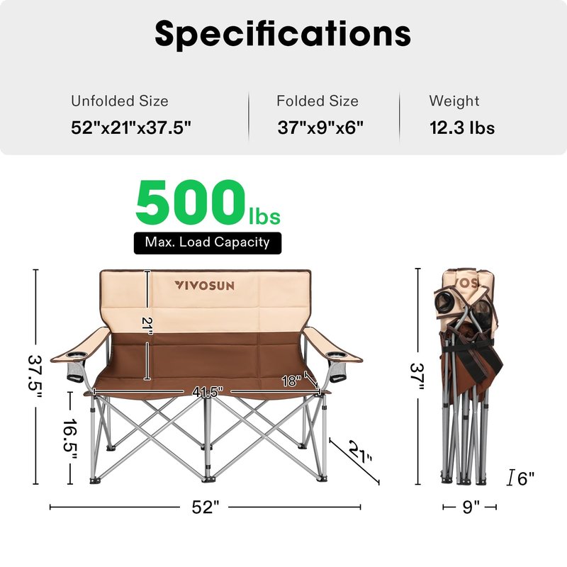 VIVOSUN [outlets] Double Camping Chair, Fully Padded Folding Loveseat, Portable Oversized Duo Chair with Storage Cup Holders, Height-Adjustable Armrests & Carry Bag, Supports up to 500lbs