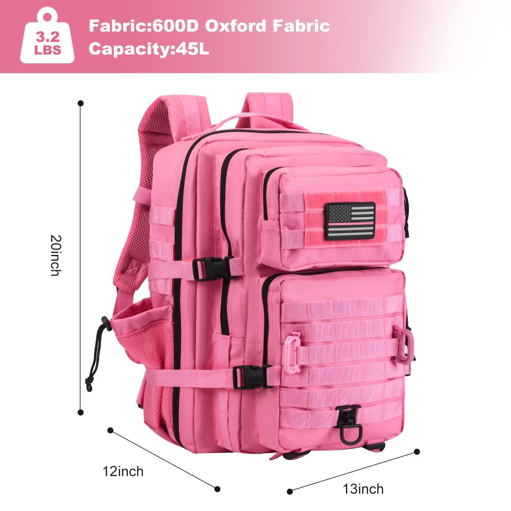 Hannibal Tactical 45L MOLLE Assault Backpack, Tactical Backpack Military Army Camping Rucksack with Bottle Holder, 3-Day Pack Trip w/USA Flag Patch, D-Rings, Pink