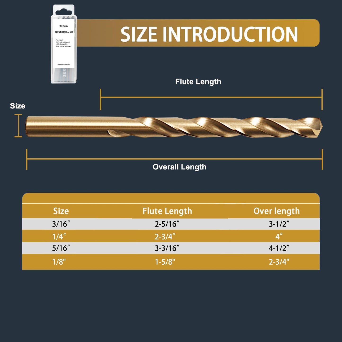 BeHappy 3/16" Cobalt Drill Bit Set (10Pcs), M35 HSS, 135 Degree Tip, Twist Jobber Length for Hardened Metal, Stainless Steel, Cast Iron, Wood, and Plastics, with Index Storage Case