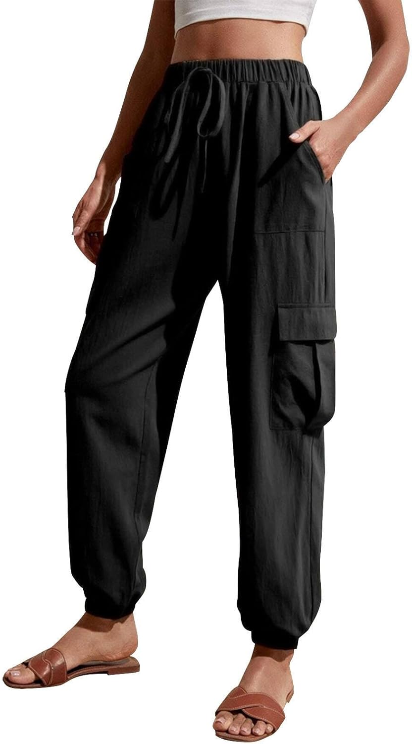 Skiennix High Waisted Jogger Pants - Loose Tapered Cargo Style with Pockets | Comfortable Sweatpants