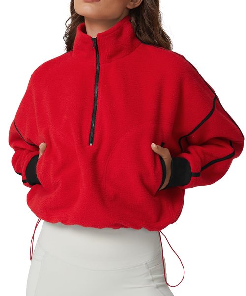 QINSEN Half Zip Fleece Pullover for Women Active Winter Warm Crop Sweater Drawstring Fit Top Red S