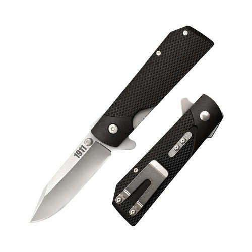 Cold Steel 1911 Folding Knife with Liner Lock, Checkered Griv-Ex Handle, Ambidextrous Pocket Clip, and Flipper, Silver & Black