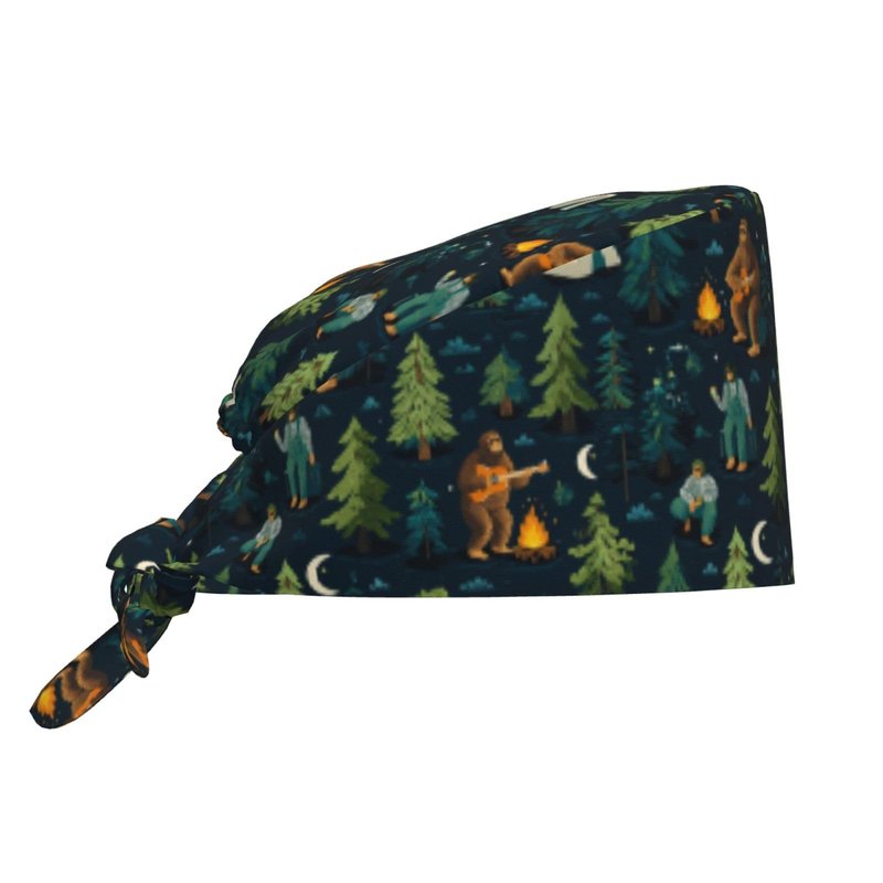 Sasquatch Camp Bonfire Working Cap Scrub Cap with Sweatband Adjustable Unisex Men Women Tie Back Hat Nurse Surgical Caps