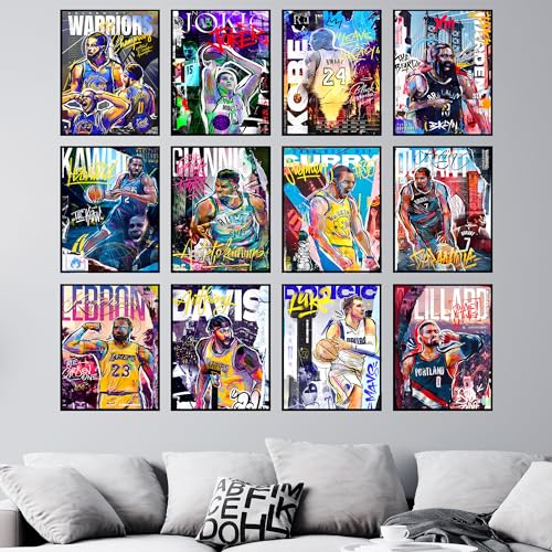 Basketball Posters Set of 12 for Boys Bedroom - Unframed, 8x10 in, Includes Curry, Kobe, LeBron & Warriors - Basketball 2